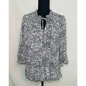Melloday Black White Floral 3/4 Sleeve Ruffle Elastic Waist Blouse‎ Women LARGE